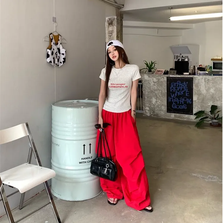 美式复古正肩短袖t恤女夏季字母印花修身短款辣妹上衣高腰阔腿裤