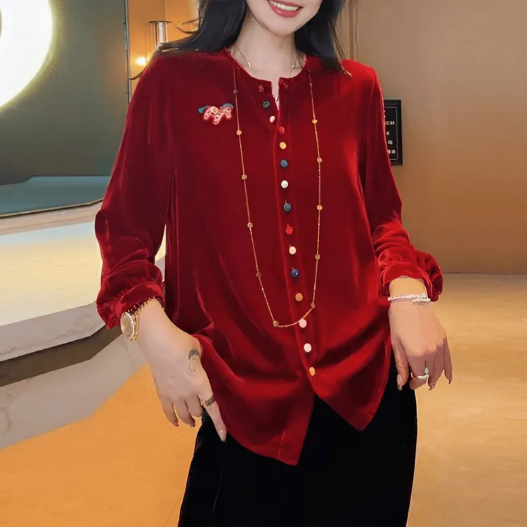 设计感新年红色长袖衬衫女秋冬新款宽松慵懒彩色单排扣打底衫上衣