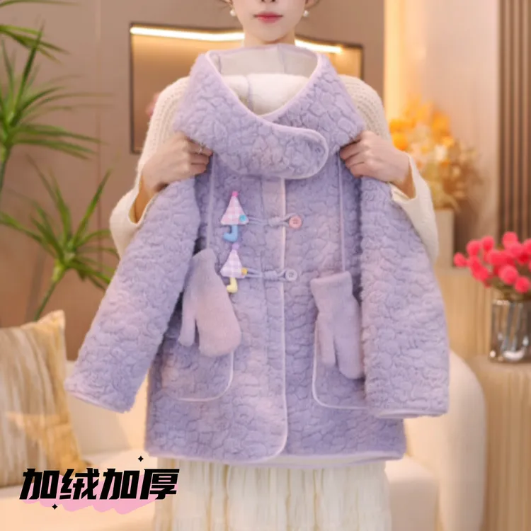 女童加绒毛毛衣外套2025冬装新款韩版可爱百搭加厚保暖中长款大衣