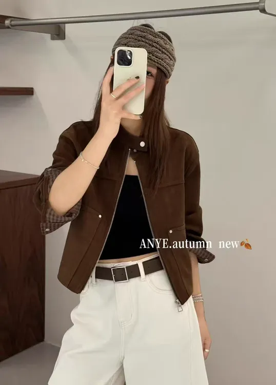 高级感立领鹿皮绒短款外套女欧洲站2025秋季新款直筒百搭夹克上衣