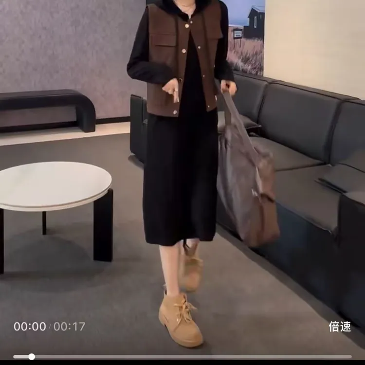 【明明大家庭】休闲百搭马夹连帽裙套装25801