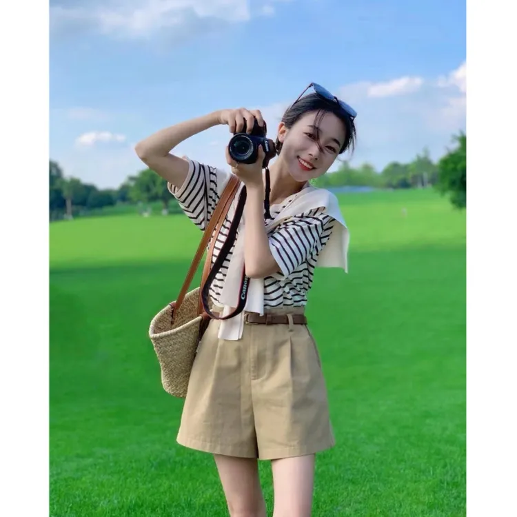 2025夏季披肩短袖条纹针织上衣高腰阔腿短裤时尚两件套装小个子女