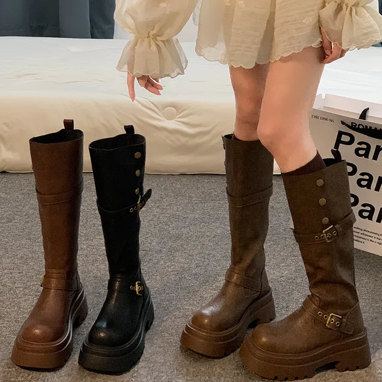 贾不假休闲长靴女款2025秋季新款时尚百搭小个子复古风厚底时装靴