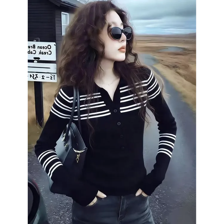 polo条纹半开翻领打底针织衫女秋冬内搭修身显瘦毛衣长袖v领上衣