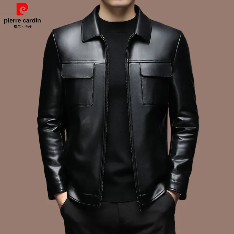 皮尔卡丹海宁皮衣加绒男士休闲时尚帅气百搭翻领夹克款男装外套