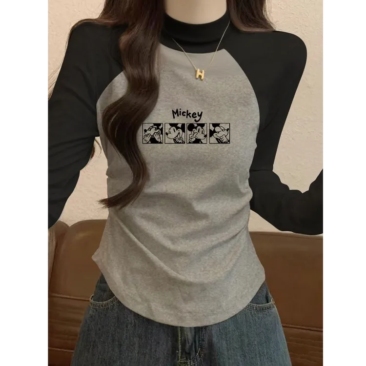 拼色插肩长袖高腰短款t恤女秋季修身显瘦内搭半高领圆领打底衫