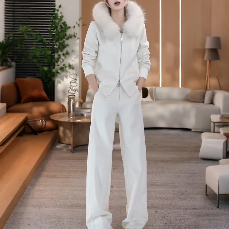 巨好看的冬装一整套女可拆卸毛毛领加绒拉链开衫上衣阔腿裤两件套