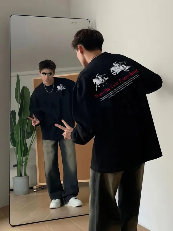美式复古字母宽松印花长袖T恤男重磅秋季ins潮牌高街纯棉休闲打底