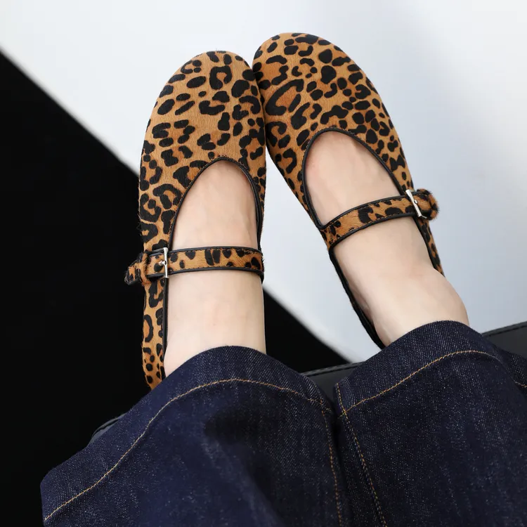 法式马皮豹纹复古一字带玛丽珍鞋女休闲平底奶奶鞋