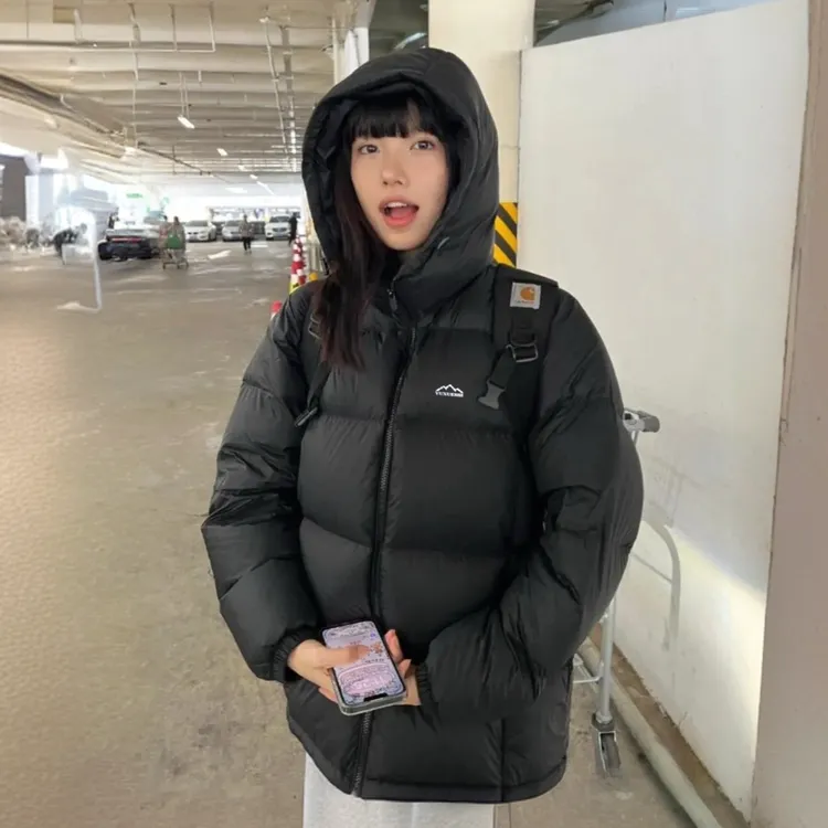 御雪飞新国标90%白鸭绒黑色连帽面包服羽绒服短款男女情侣外套