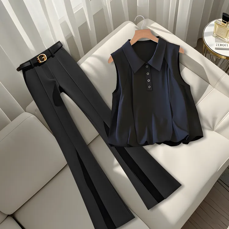 2025夏季新款polo衫无袖上衣黑色t恤高腰显瘦黑色百搭休闲裤套装