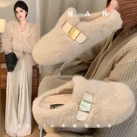 加绒时尚一脚蹬网红增高毛毛拖鞋女外穿2025新款秋冬感毛绒包头棉