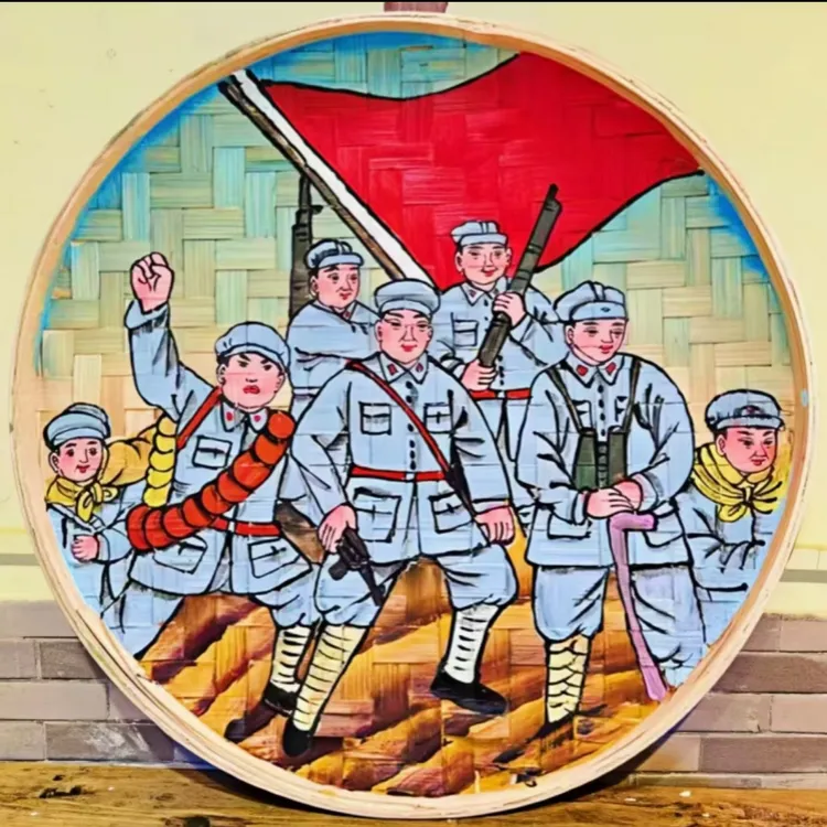 竹编簸箕画装饰品竹子挂画红军主题墙面装饰画适用于餐馆农家乐等