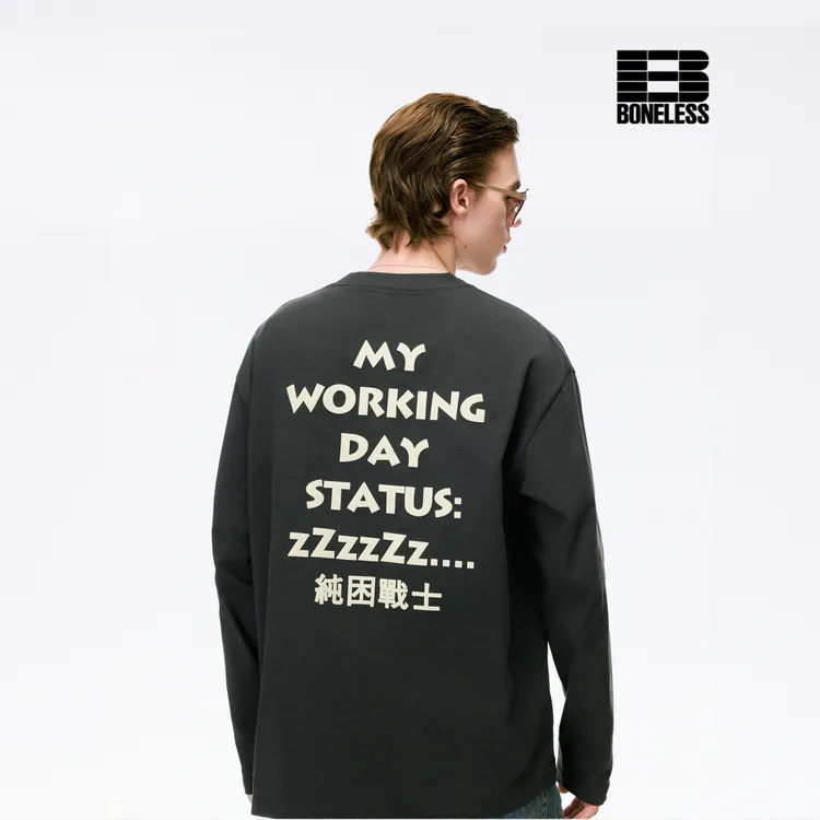 BONELESS“纯困战士”标语长袖T恤宽松街头潮牌百搭纯棉打底衫