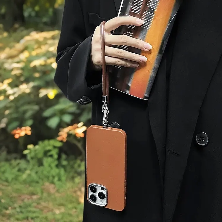 皮纹金属框皮绳适用16promax纯色手机壳iPhone15/14/13质感12