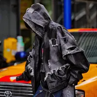 设计【黑教堂】皮涂鸦拼接牛仔手工涂鸦刷色泥染涂黑廓形外套夹克