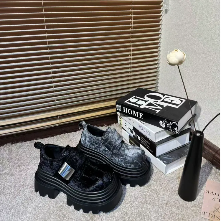 现货唐小肉潮搭厚底乐福鞋金丝绒小个子增高单鞋玛丽珍拉丝752-16