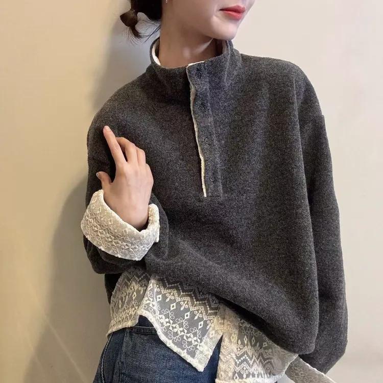 假两件蕾丝拼接上衣女士保暖今年流行的爆款打底衫半高领德绒卫衣