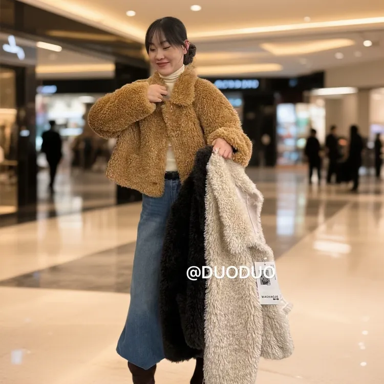 精品女装（冬季翻领短款加厚外套）韩版毛绒秋冬时尚气质保暖