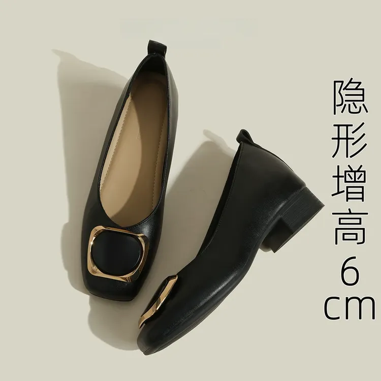 内增高单鞋女2025软皮软底粗跟小个子工作鞋小码3233方头奶奶鞋女