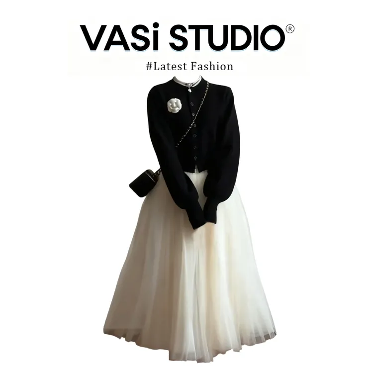 INS CEC高级感千金风气质针织衫网纱半身裙套装女早秋新款毛衣