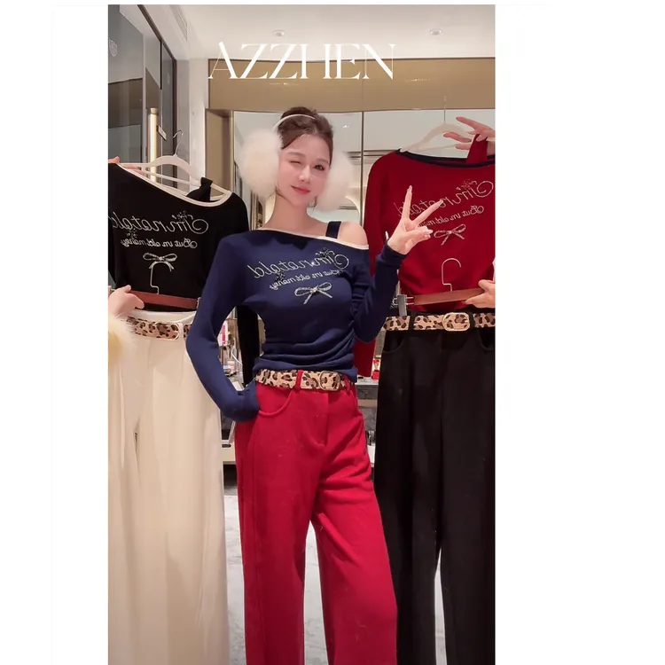 AZZHEN【百变女星】高腰显瘦毛呢豹纹含腰带长裤秋冬阔腿裤休闲裤