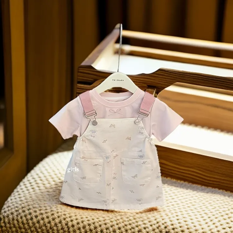 【萌汐·kids】2026夏季女童套装女宝连体背带裙小兔子T恤夏款两件套