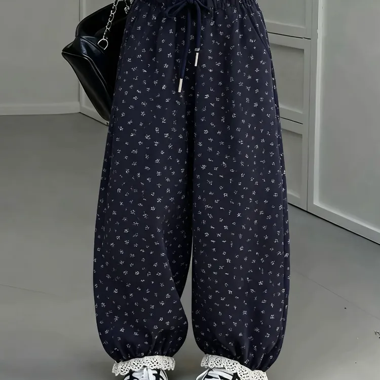 男女童秋冬季加绒加厚小碎花版松腰中大童休闲束脚高级感韩版长裤