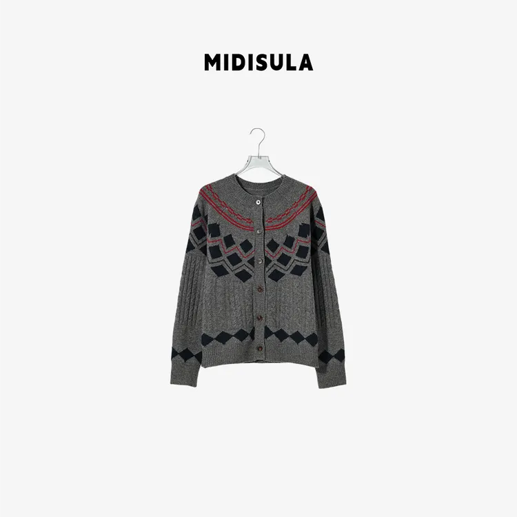 MDSL·韩系冬季新款时尚慵懒设计感百搭菱形格羊绒羊毛衫#02326