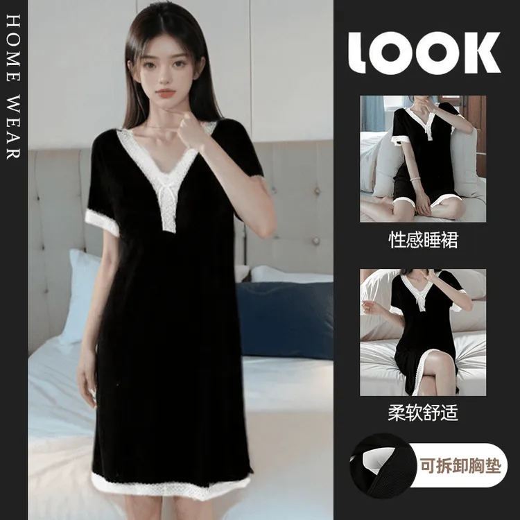 2025夏季黑色性感短袖蕾丝边睡衣可外穿冰丝带胸垫睡裙女家居服