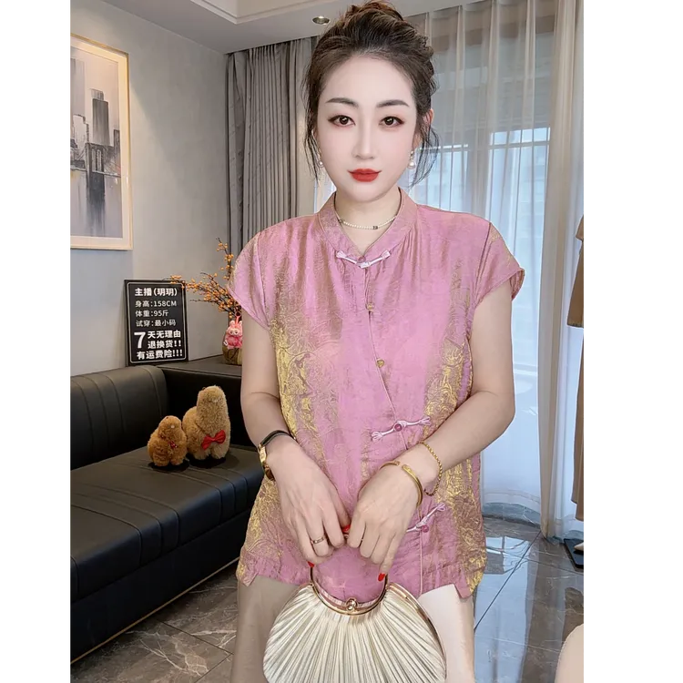 新中式国风立领扎染斜襟上衣2025春夏新款短袖上衣小衫女