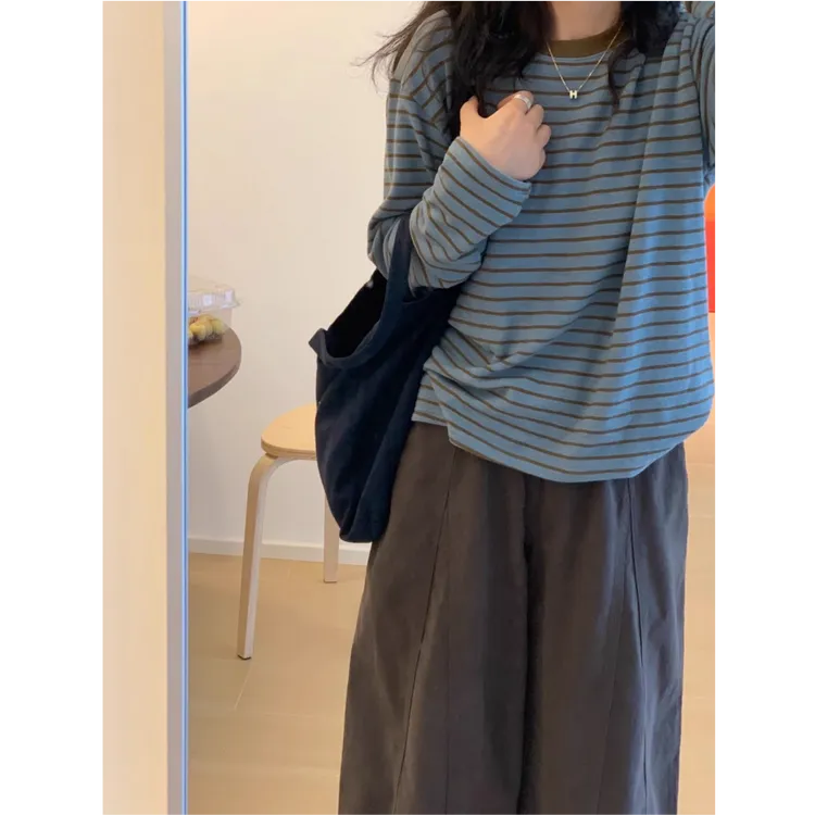 圆领撞色条纹针织长袖女秋季宽松外穿休闲百搭慵懒风显瘦打底上衣