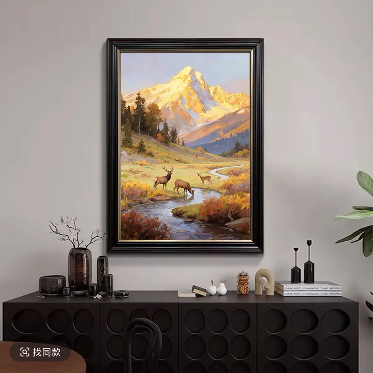 《日照金山》纯手工油画美式欧式法式中古风入户玄关抖柜摆台挂画