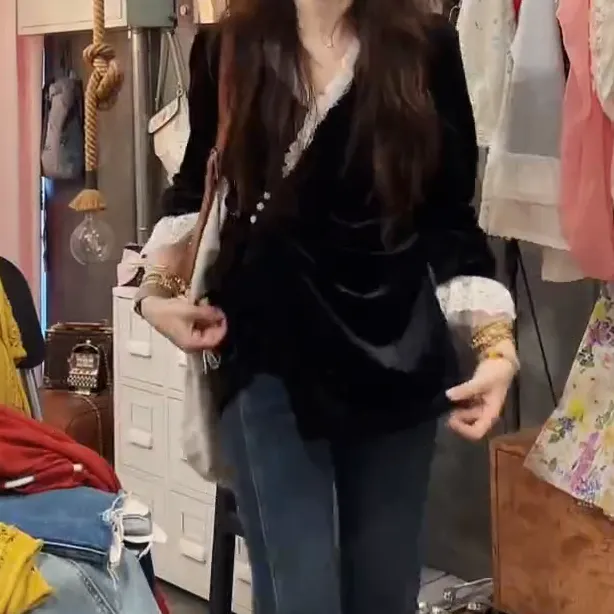 法式宫廷风设计感丝绒双层蕾丝花边衬衣衬衫C5926