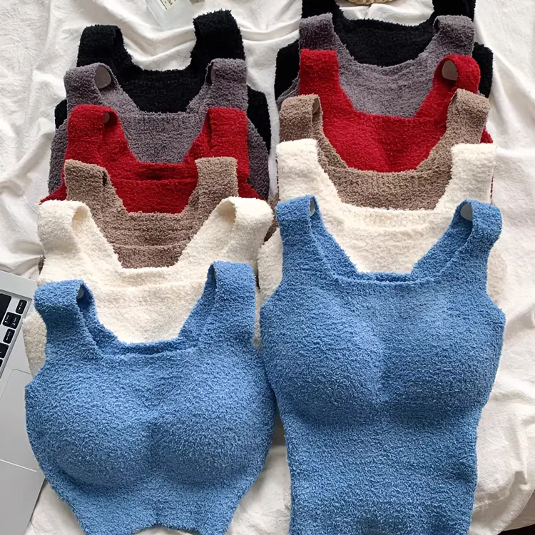 保暖毛毛绒小吊带背心外穿女秋冬季带胸垫加厚短款内搭羊羔绒上衣