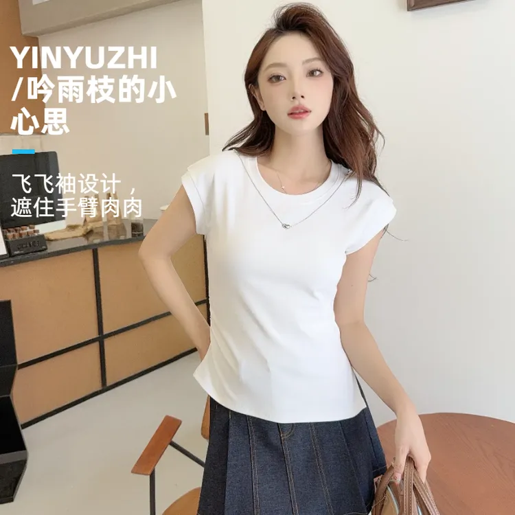 YINYUZHI/吟雨枝女士短袖棉不规则褶皱项链T恤简约飞飞袖短袖凉感