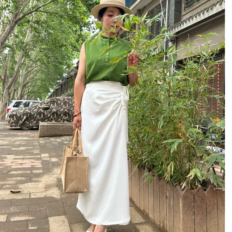 法式褶皱包裙自然腰长裙极简风半身裙夏季服装百搭女士