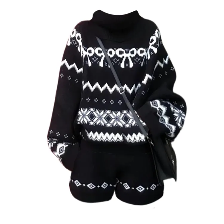 大码胖MM费尔岛毛衣套装女秋冬季黑色高领上衣短裤两件套休闲穿搭