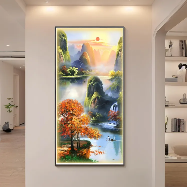 旭日东升风景玄关装饰画客厅轻奢大气山水画挂画高档满钻晶瓷挂画