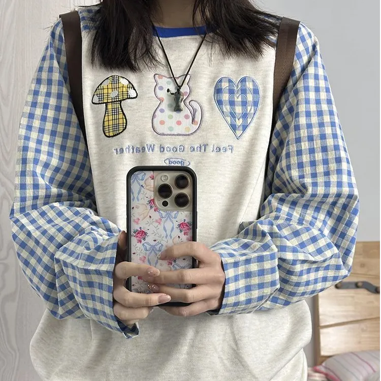 卡通可爱风秋季休闲百搭刺绣圆领小众高级感长袖设计感学院风长袖