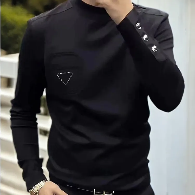 欧货轻奢高品质男士简约流行黑色商务休闲圆领长袖简约帅气打底衫