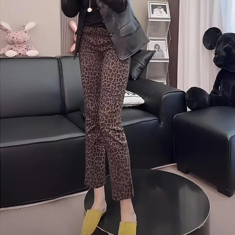 欧货春秋新款时尚休闲弹力显瘦豹纹微喇裤百搭九分烟管裤