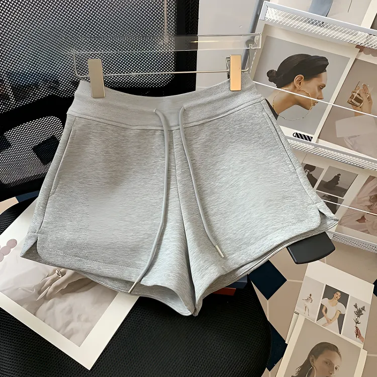 抽绳松紧高腰运动休闲短裤女春夏季外穿阔腿a字裤开叉黑色热裤子.