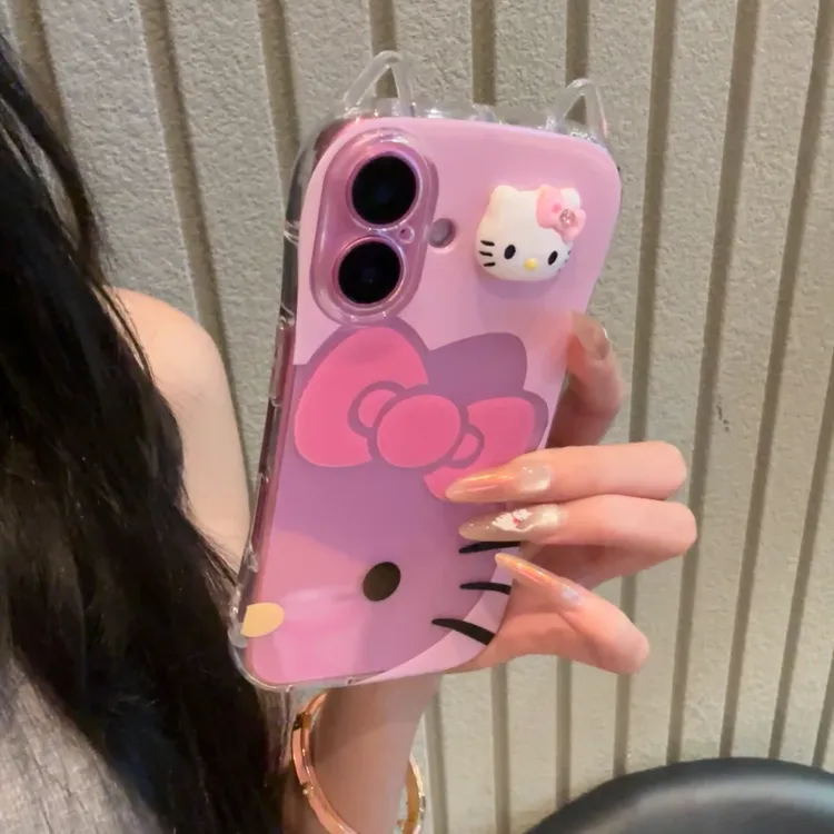 ins粉色kitty猫适用苹果16pro手机壳iPhone15小蛮腰14/13软猫耳朵
