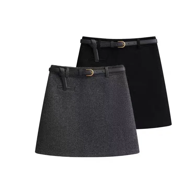 灰色毛呢a字半身裙女2025秋冬新款小个子加厚气质高腰包臀短裙子