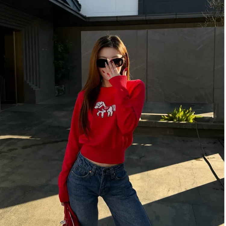 张冰冰原创定制【马上发财】马年开运红提花圆领长袖针织衫