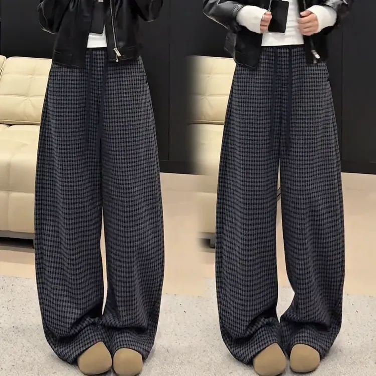 格子加绒阔腿裤女2025年秋冬季新款松紧高腰抗皱直筒休闲裤一体绒