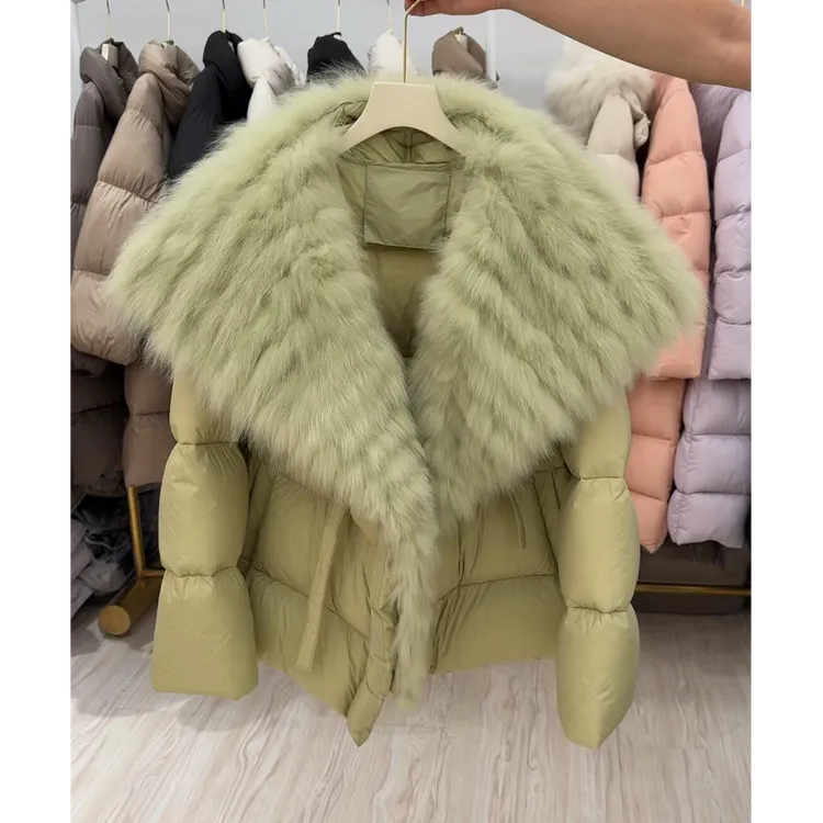 绿色毛毛大翻领加厚棉服外套女冬季韩系高级感百搭保暖面包服上衣