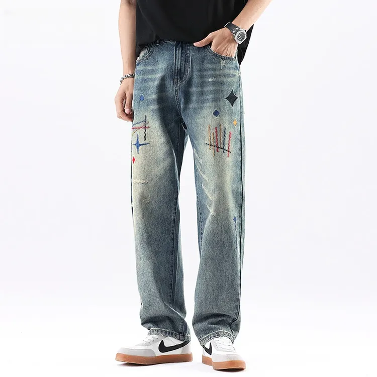 秋冬新款男士刺绣做旧长裤美式穿搭弹力直筒牛仔裤潮牌男装