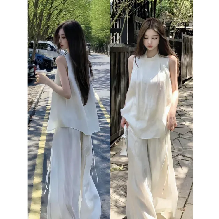 夏季新款老钱风圆领无袖纯色上衣女宽松休闲高腰显瘦阔腿裤两件套